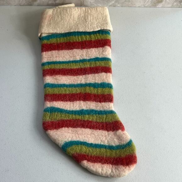 Wool Christmas Stocking 21" Colorful Striped Felt Polka Dots - Picture 1 of 5
